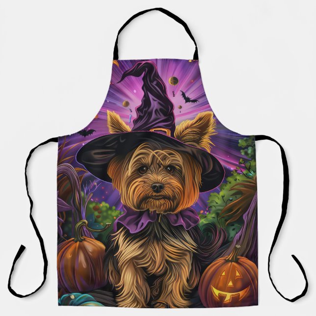 Spooky Yorkipoo Dog Halloween Witch And Pumpkin Apron (Front)
