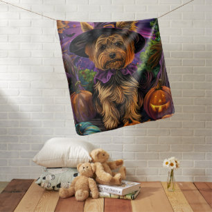 Spooky Yorkipoo Dog Halloween Witch And Pumpkin Baby Blanket