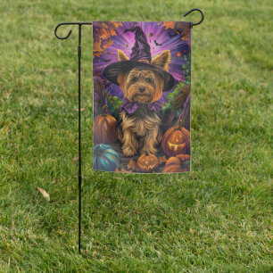 Spooky Yorkipoo Dog Halloween Witch And Pumpkin Garden Flag