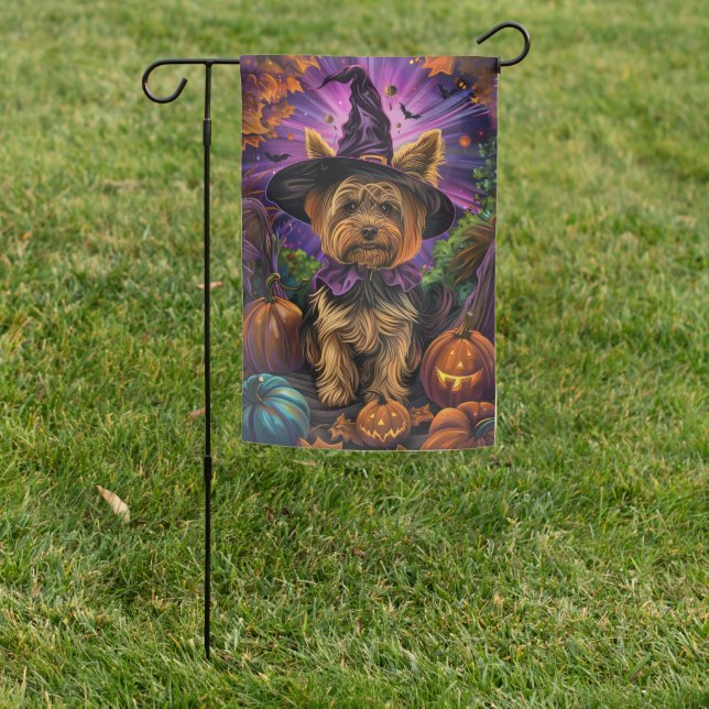 Spooky Yorkipoo Dog Halloween Witch And Pumpkin Garden Flag (In SItu)