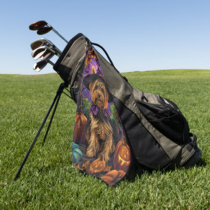 Spooky Yorkipoo Dog Halloween Witch And Pumpkin Golf Towel