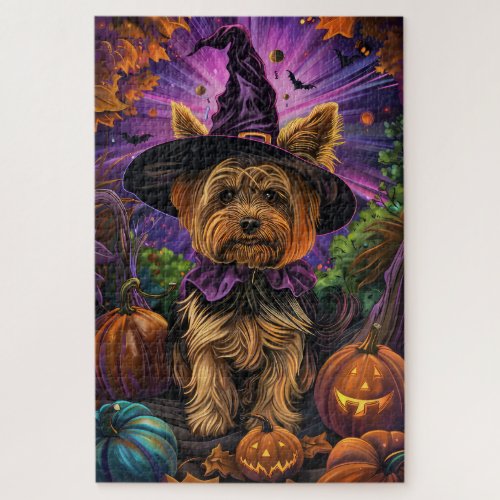 Spooky Yorkipoo Dog Halloween Witch And Pumpkin Jigsaw Puzzle