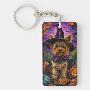 Spooky Yorkipoo Dog Halloween Witch And Pumpkin Keychain