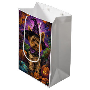 Spooky Yorkipoo Dog Halloween Witch And Pumpkin Medium Gift Bag