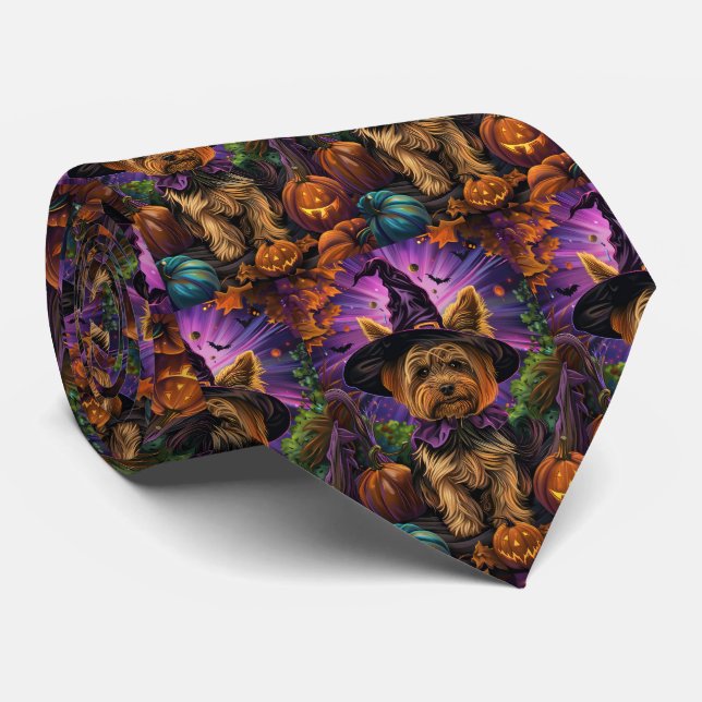 Spooky Yorkipoo Dog Halloween Witch And Pumpkin Neck Tie (Rolled)
