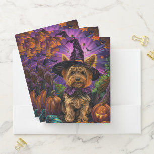 Spooky Yorkipoo Dog Halloween Witch And Pumpkin Pocket Folder