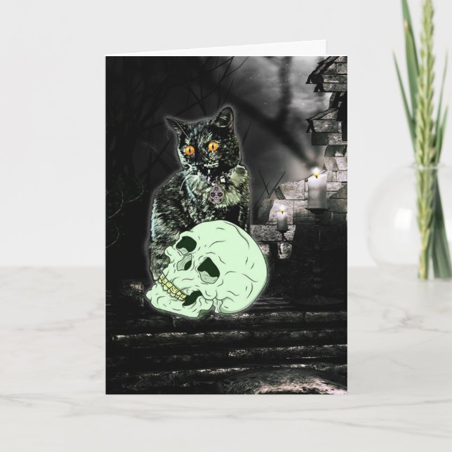 Spooky Zombie Cat Halloween Card (Front)