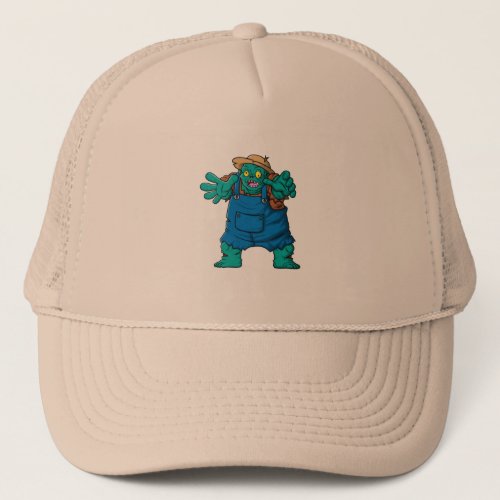spooky zombie farmer cartoon character trucker hat