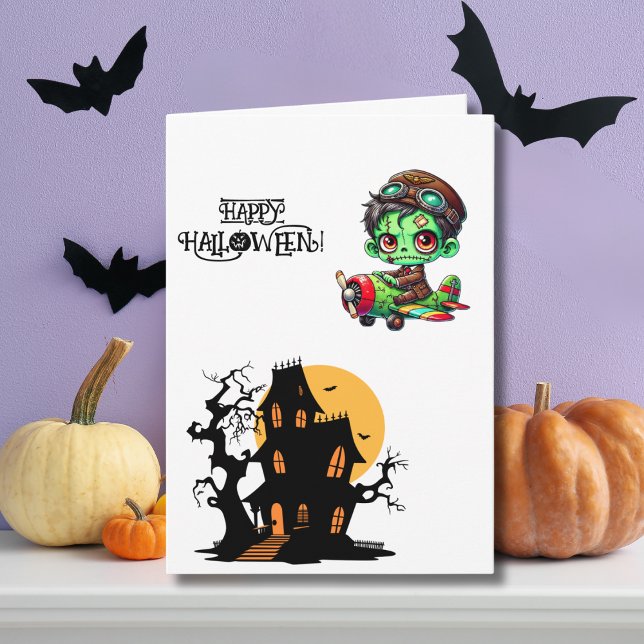 Spooky Zombie Pilot Airplane & Haunted House Photo Card (Creator Uploaded)