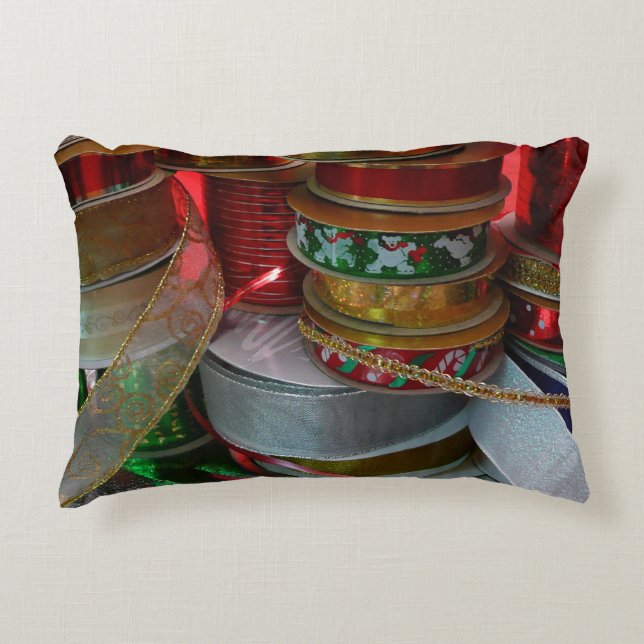 Spools of Christmas Ribbon Holiday Red and Gold Accent Pillow (Front)