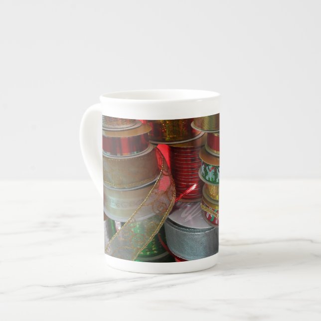 Spools of Christmas Ribbon Holiday Red and Gold Bone China Mug (Front Left)