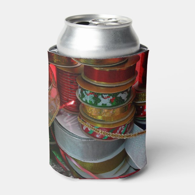 Spools of Christmas Ribbon Holiday Red and Gold Can Cooler (Can Front)