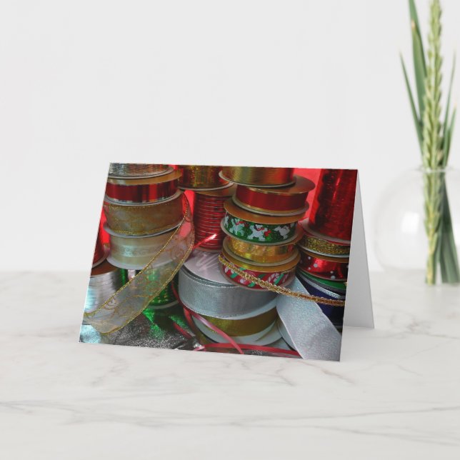Spools of Christmas Ribbon Holiday Red and Gold Card (Front)