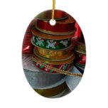 Spools of Christmas Ribbon Holiday Red and Gold Ceramic Ornament