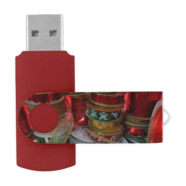 Spools of Christmas Ribbon Holiday Red and Gold Flash Drive (Opened)