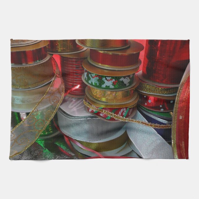 Spools of Christmas Ribbon Holiday Red and Gold Kitchen Towel (Horizontal)