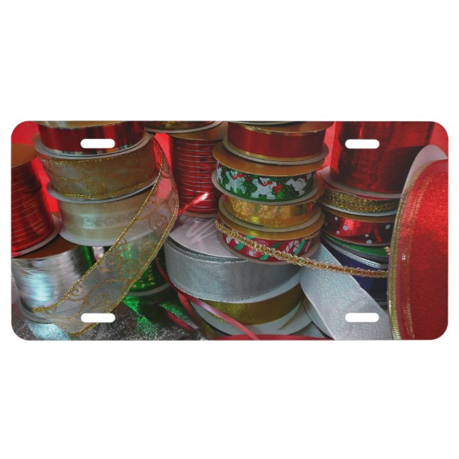 Spools of Christmas Ribbon Holiday Red and Gold License Plate (Front)