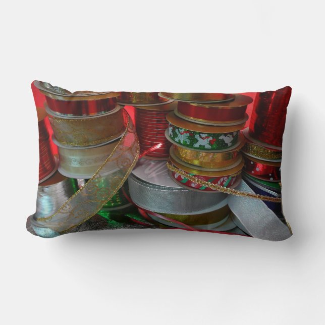Spools of Christmas Ribbon Holiday Red and Gold Lumbar Pillow (Front)