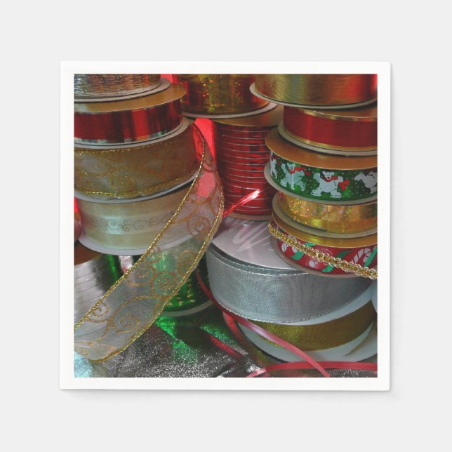 Spools of Christmas Ribbon Holiday Red and Gold Napkins (Front)