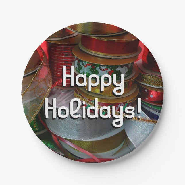 Spools of Christmas Ribbon Holiday Red and Gold Paper Plates (Front)