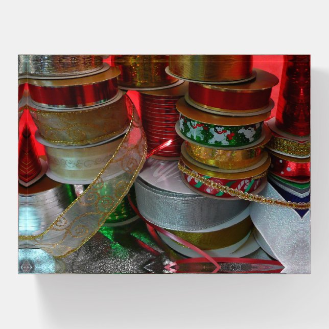 Spools of Christmas Ribbon Holiday Red and Gold Paperweight (Front)