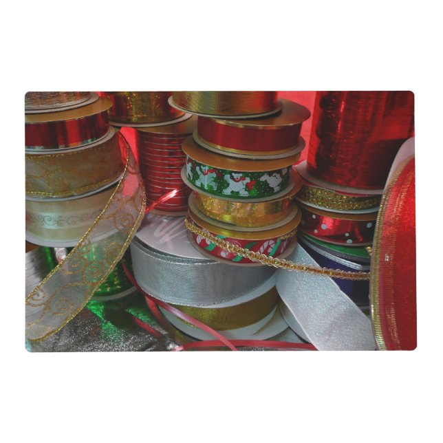 Spools of Christmas Ribbon Holiday Red and Gold Placemat (Front)
