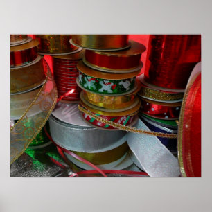 Spools of Christmas Ribbon Holiday Red and Gold Poster