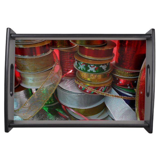 Spools of Christmas Ribbon Holiday Red and Gold Serving Tray (Front)