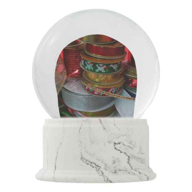 Spools of Christmas Ribbon Holiday Red and Gold Snow Globe (Front)