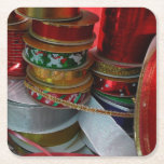Spools of Christmas Ribbon Holiday Red and Gold Square Paper Coaster