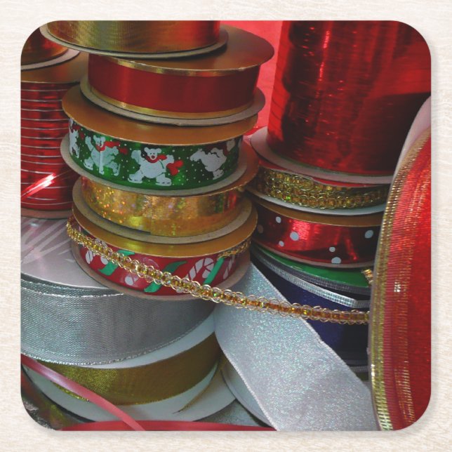 Spools of Christmas Ribbon Holiday Red and Gold Square Paper Coaster (Front)