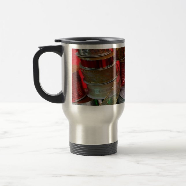 Spools of Christmas Ribbon Holiday Red and Gold Travel Mug (Left)