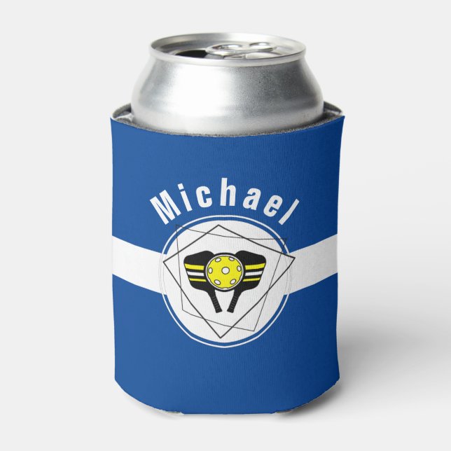 Sport Athletic Paddle Personalized Pickleball Blue Can Cooler (Can Front)