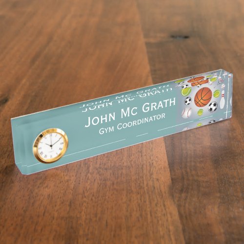 Sport Balls Desk Name Plate With Clock