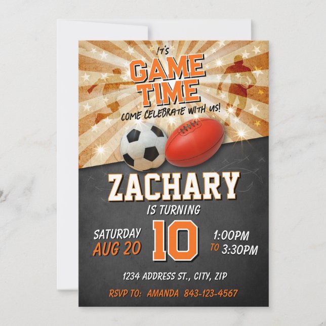 Sport birthday invite Soccer Football AFL (Front)