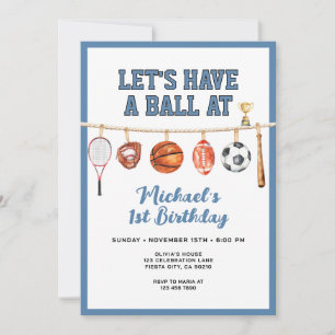 Sport Boy Ball All Star Themed Party Blue Birthday Invitation