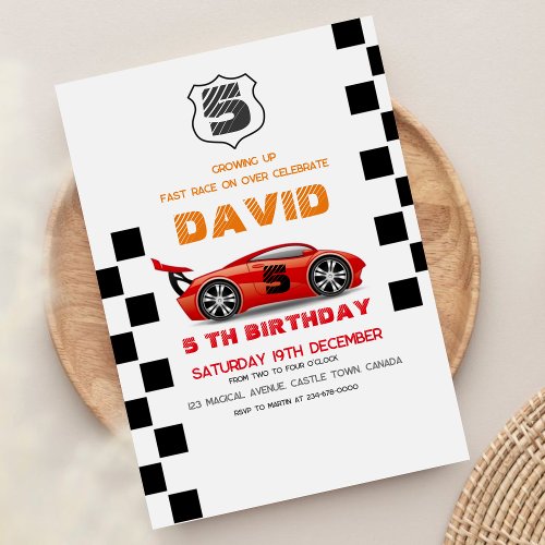  Sport  Car 5th Boy Birthday Party Invitation