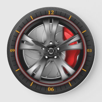 Sport Car Wheel With Red Brake Gear  Large Clock by Pick_Up_Me at Zazzle