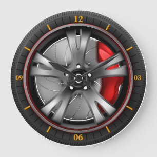 Sport car wheel with red brake gear large clock
