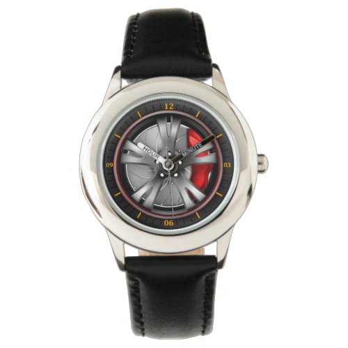 Sport car wheel with red brake gear   watch