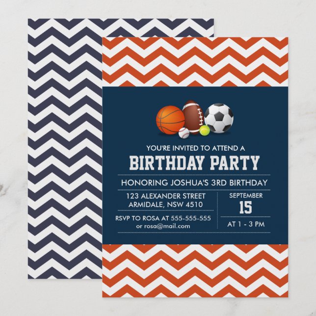 Sport chevron theme birthday boy party invitation (Front/Back)