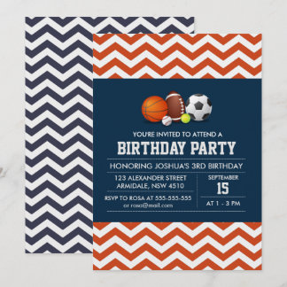 Sport chevron theme birthday boy party invitation