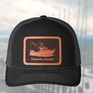 Sport Fishing Trawler Boat Captain Name  Leather Patch Hat