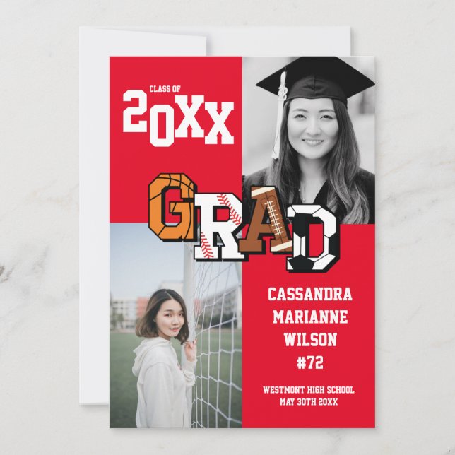 Sport Graduation Soccer Basketball Football Red Invitation (Front)
