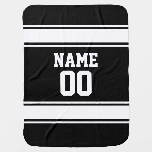 Sport Jersey Look Personalized Black and White Baby Blanket (Front)