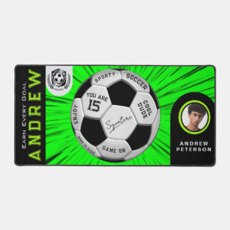 Sport Lover Gift | Green Custom Text Photo Soccer Desk Mat