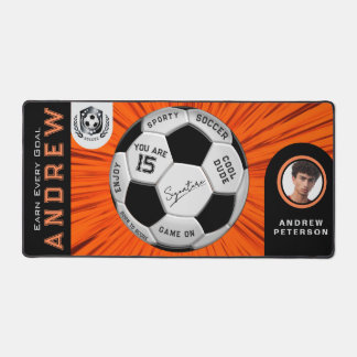 Sport Lover Gift | Orange Custom Text Photo Soccer Desk Mat