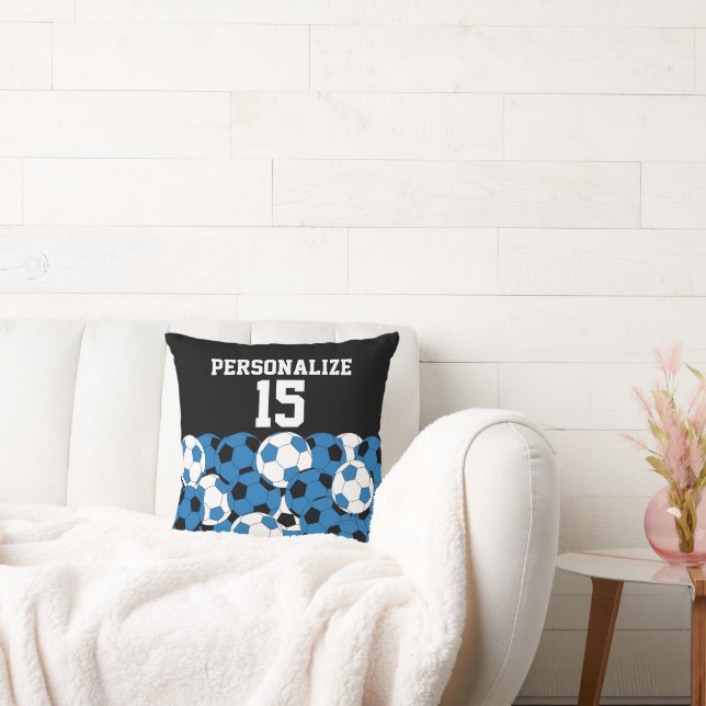 Sport Soccer Collage | DIY Name & Number | Blue Throw Pillow (Couch)