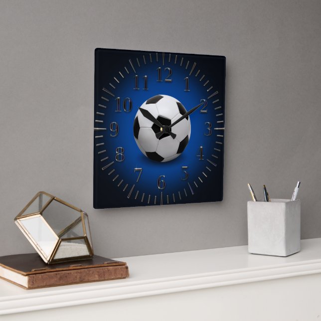 Sport Soccer | Football Modern Blue Square Wall Clock (Office)