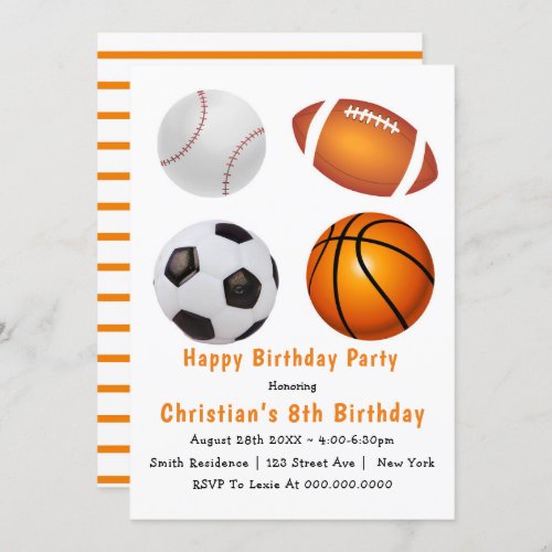 Sport Theme 8th Birthday Party Invitations